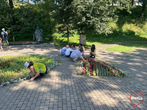 Ученики первой боровской школы поработали на клумбах в райцентре